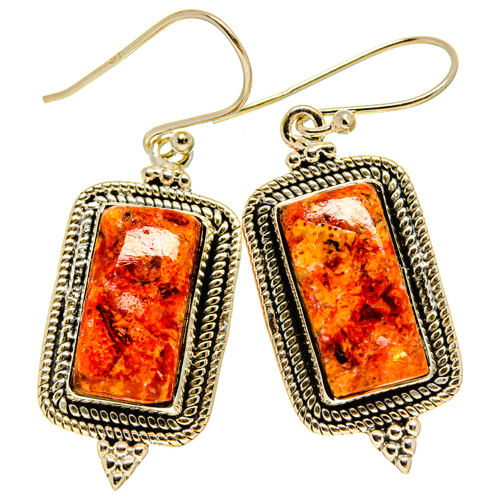 925 sterling silver rectangular coral sponge drop earrings, textured border and hooks