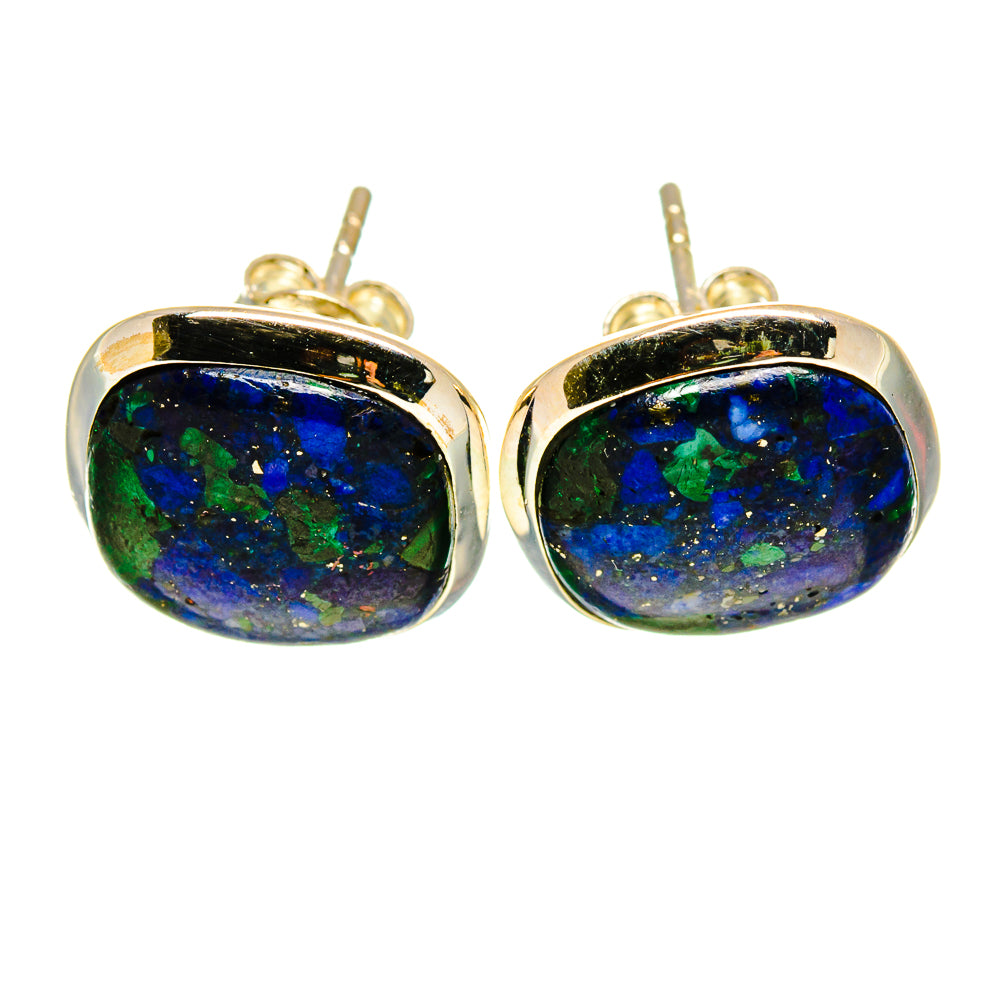 Azurite oval stud earrings in 925 sterling silver, blue-green cabochon with posts