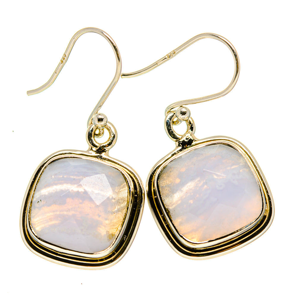 Blue lace agate drop earrings with oval cabochons, gold-tone sterling silver hooks