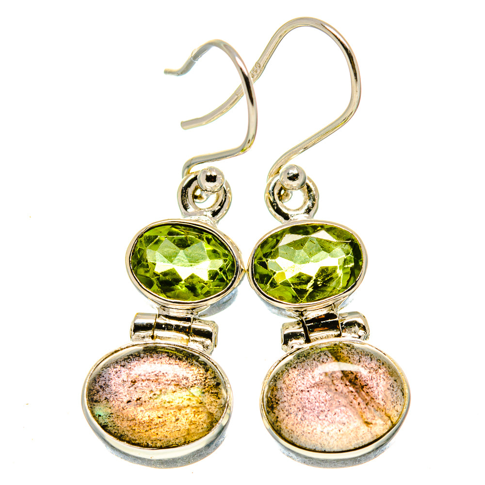 Peridot and labradorite dangle earrings, green oval top and iridescent oval drops