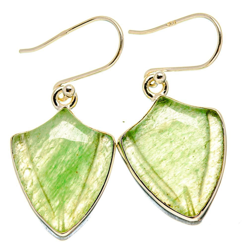 Prehnite earrings with shield-shaped green stones, sterling silver border, French hooks