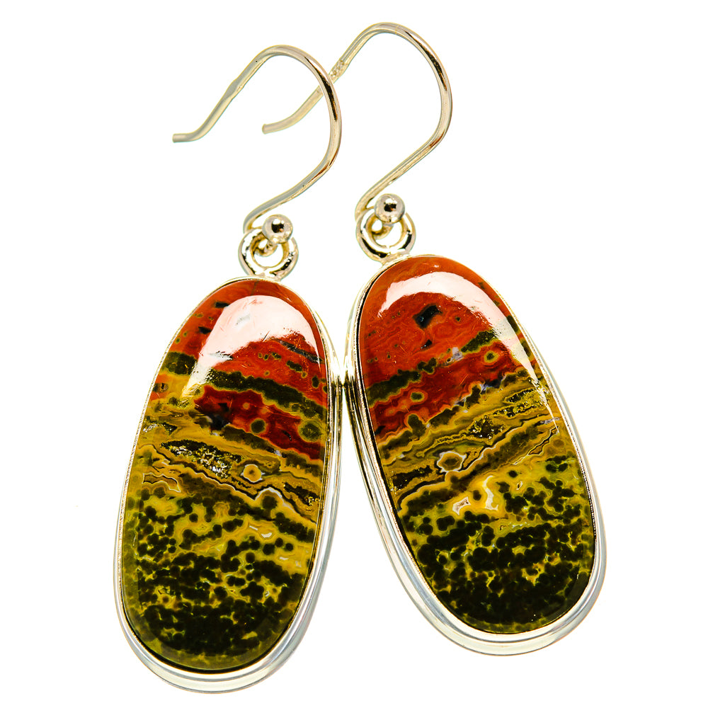 Sterling silver teardrop earrings with ocean jasper cabochons and wire hooks
