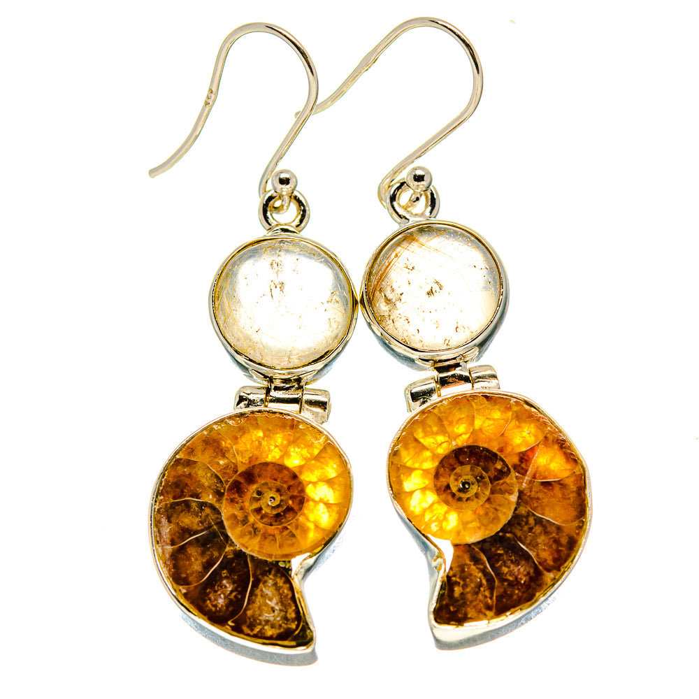 Ammonite fossil rutilated quartz earrings with silver hooks and amber fossil drop dangles