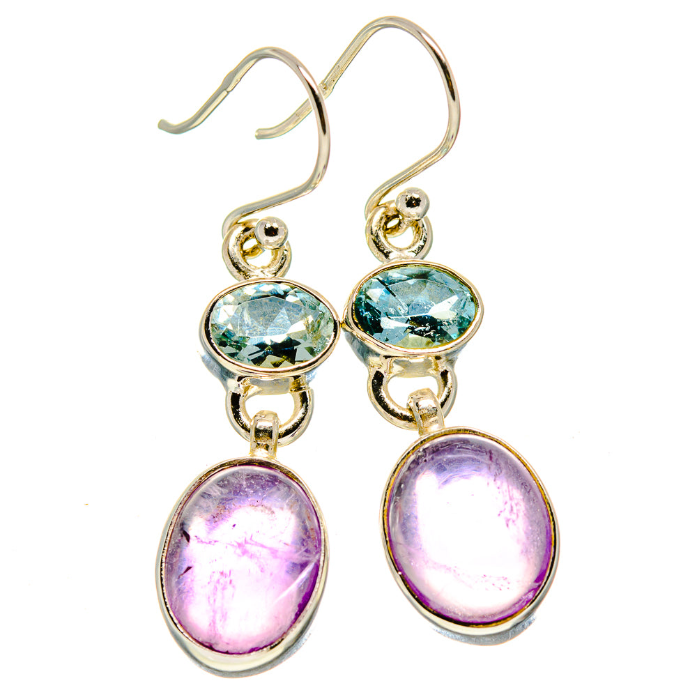 925 sterling silver drop earrings with blue topaz and amethyst oval stones, hook backs