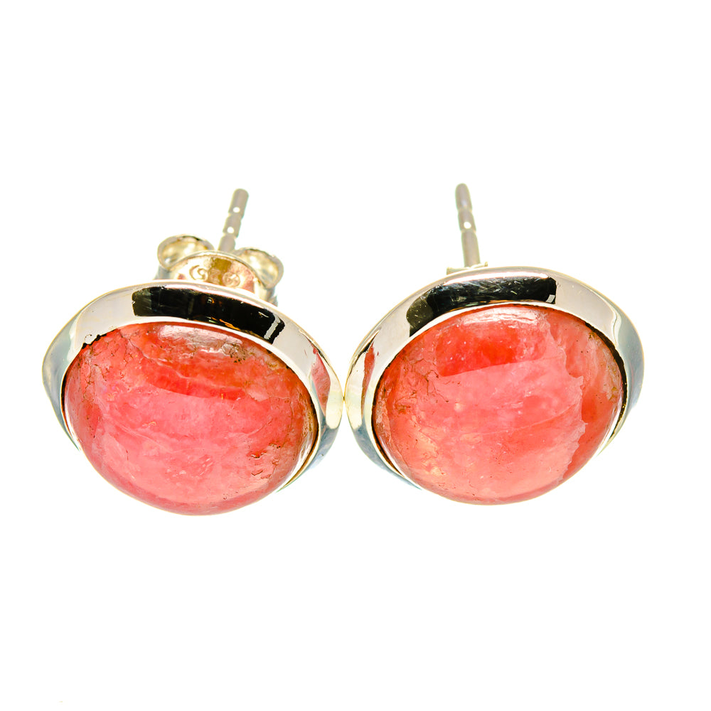 Rhodochrosite earrings with oval pink stone in 925 sterling silver bezels, hook backs.