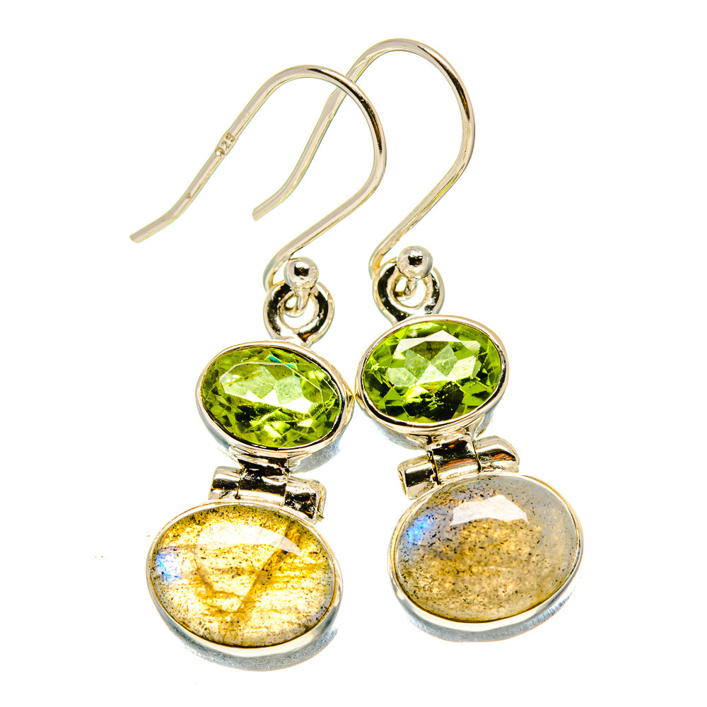Sterling silver peridot and labradorite drop earrings, green and blue round stones