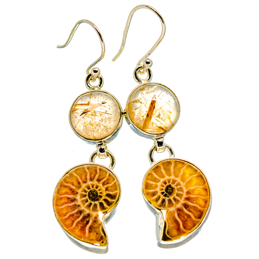 Sterling silver dangle earrings with orange fossil disc and amber quartz drops