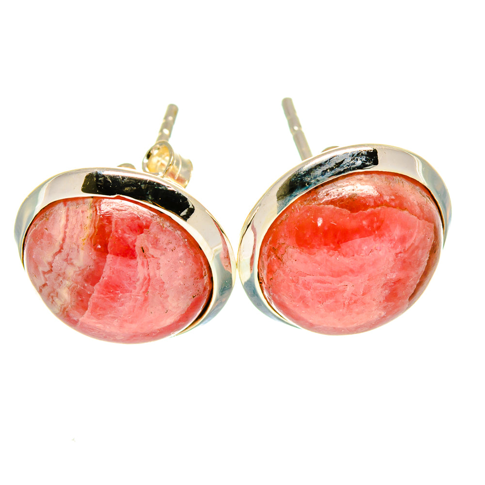Rhodochrosite cabochon stud earrings with sterling silver round bezel, pink stone