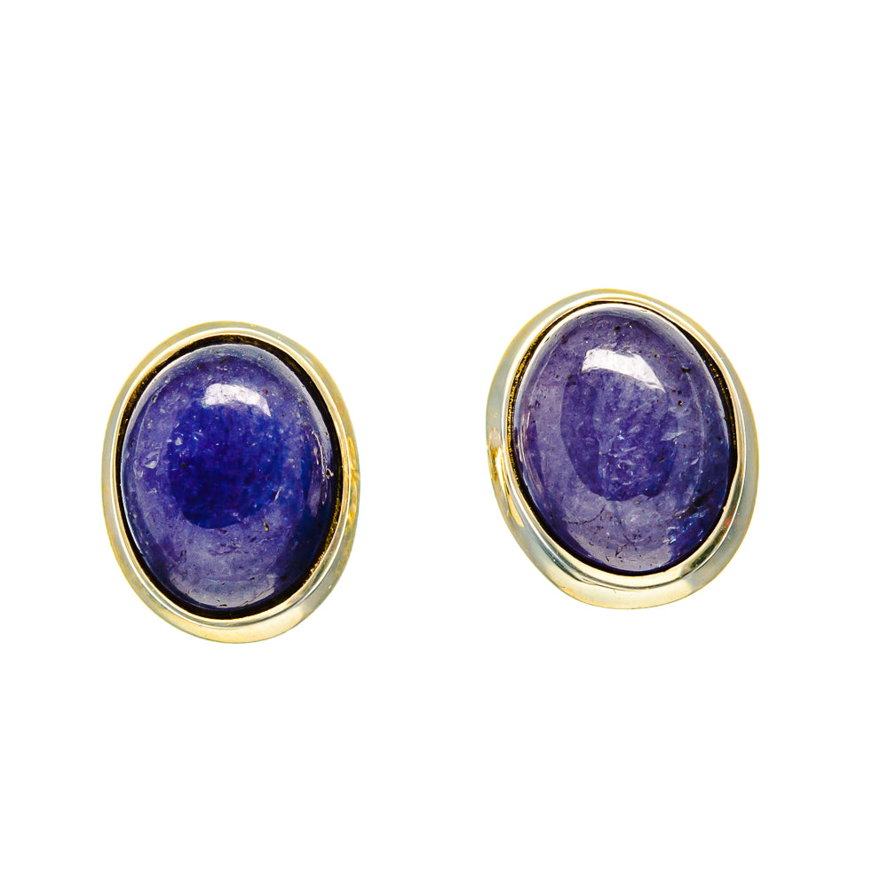 Pair of oval tanzanite stud earrings with purple cabochons and gold-toned bezel settings