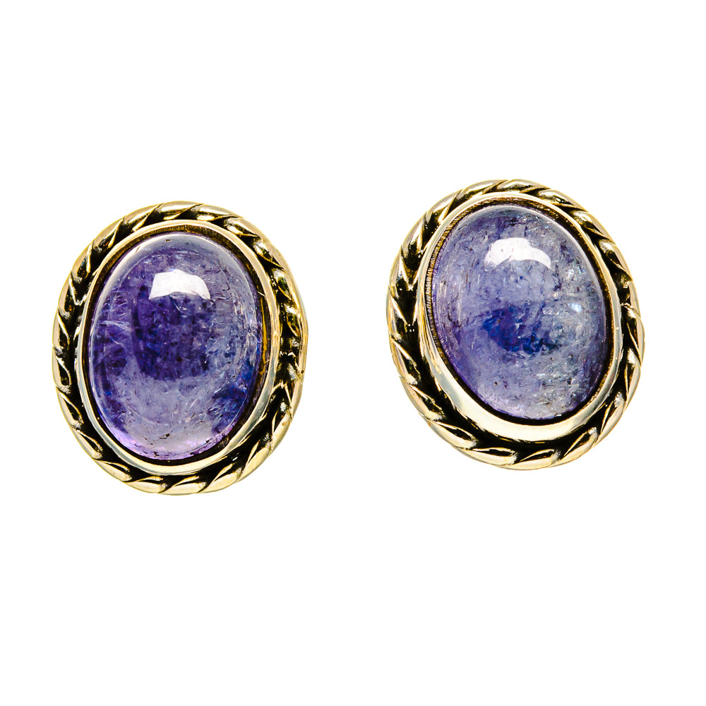 Oval purple gemstone stud earrings with gold-tone rope bezel, round setting