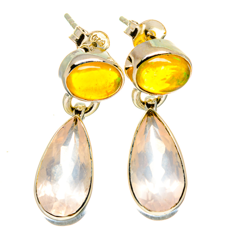 Gold-tone bezel oval amber earrings with teardrop clear dangle, sterling silver hooks