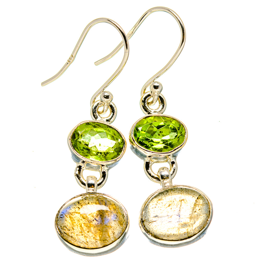 Sterling silver drop earrings with green peridot cabochons and iridescent labradorite dangles