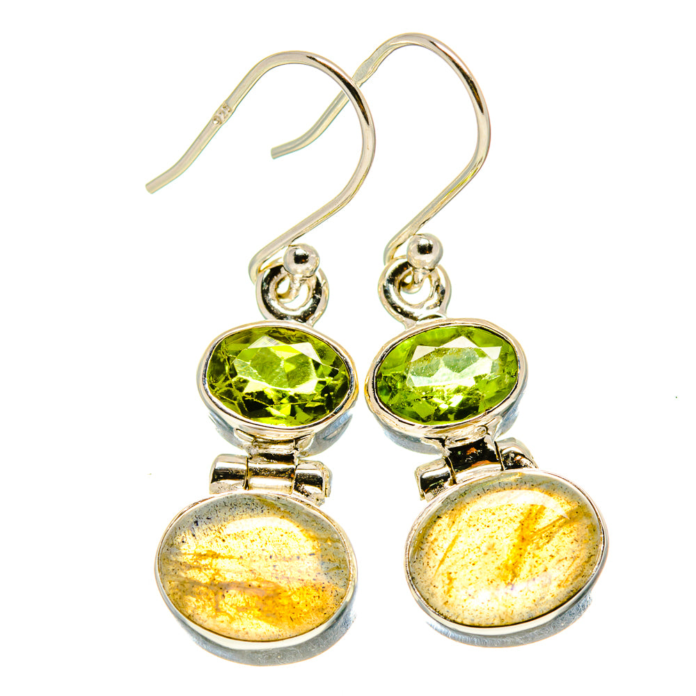 Sterling silver drop earrings: green peridot top and golden labradorite drops