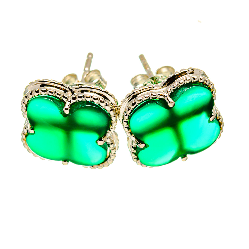 Quatrefoil green onyx earrings with sterling silver beaded settings, stud-back