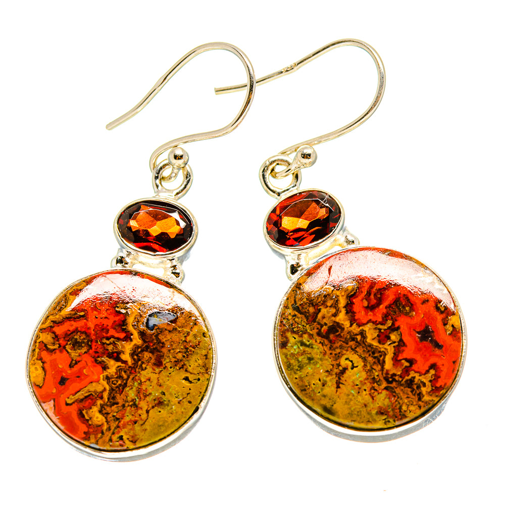 Round Moroccan agate drop earrings with red garnet accents, 925 sterling silver hooks