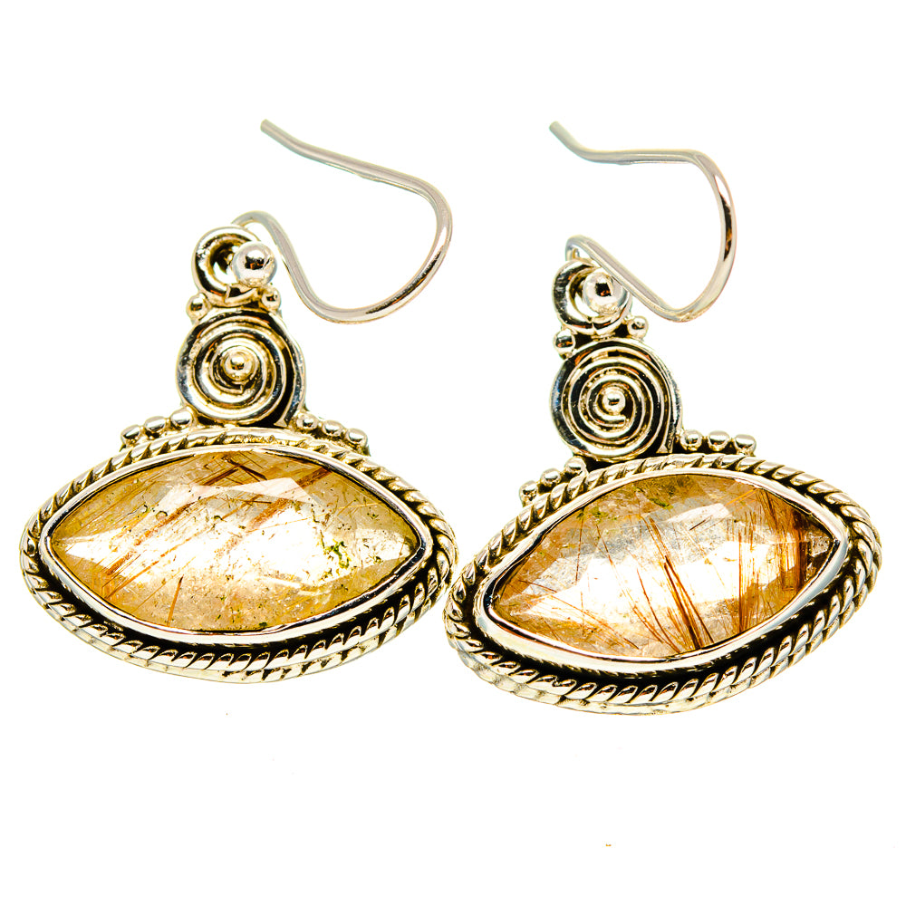 Rutilated quartz teardrop earrings with ornate 925 sterling silver swirl settings