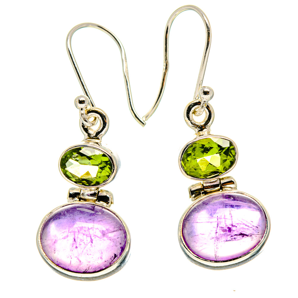 Amethyst and peridot drop earrings with oval purple and green stones in silver hooks