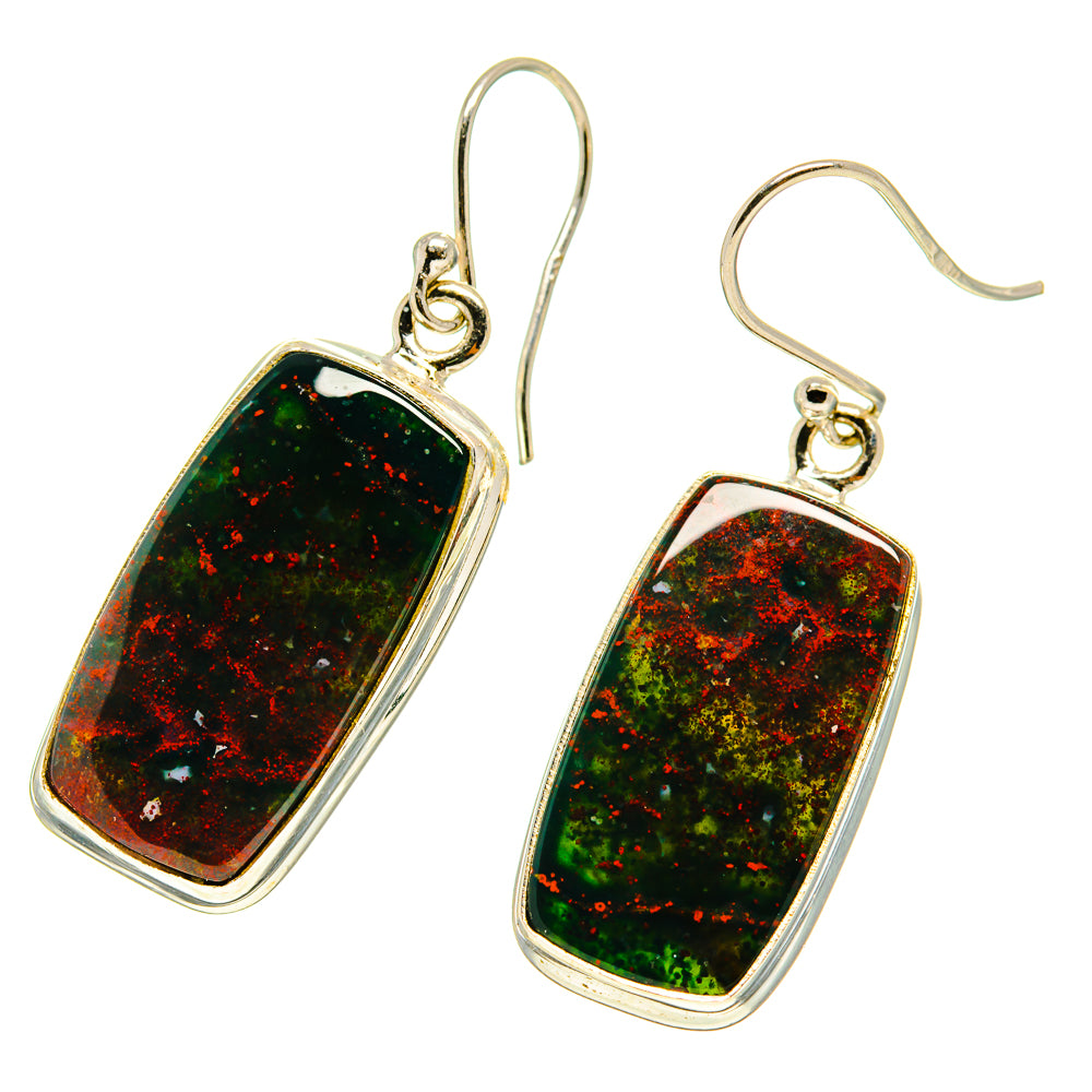 925 sterling silver bloodstone dangle earrings, rectangular cabochon on hook backs