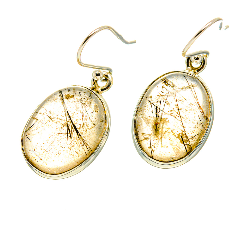 Rutilated quartz oval drop earrings with gold needle inclusions, sterling silver hook