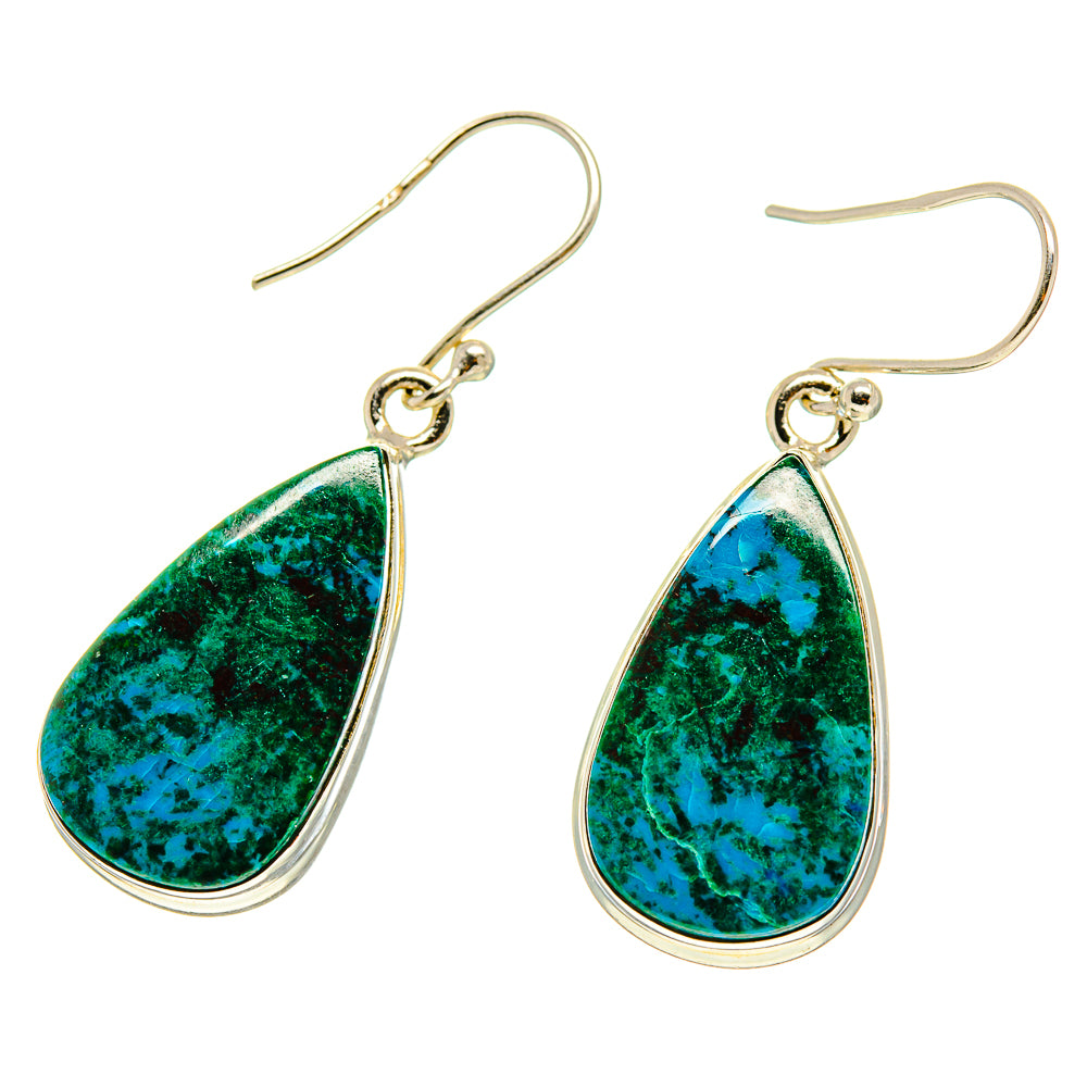 Chrysocolla teardrop earrings, green-blue stone set in round silver hooks