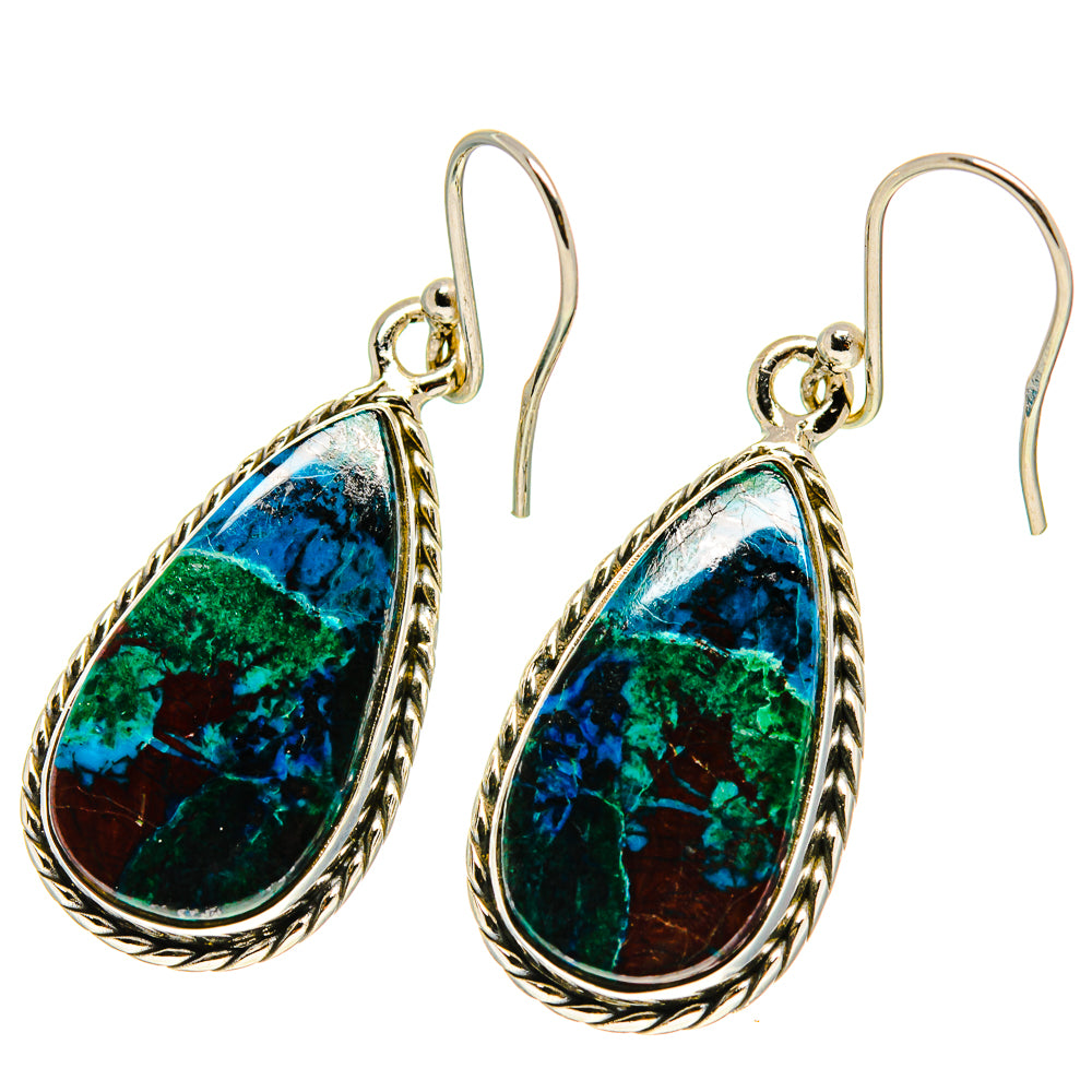 925 sterling silver teardrop shattuckite earrings, blue-green stone in silver bezel