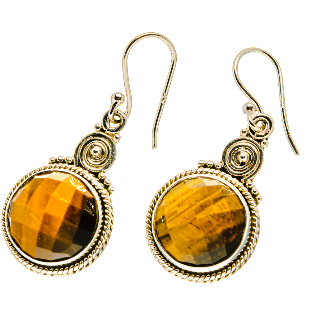 Tiger eye round dangle earrings with 925 sterling silver lever hooks