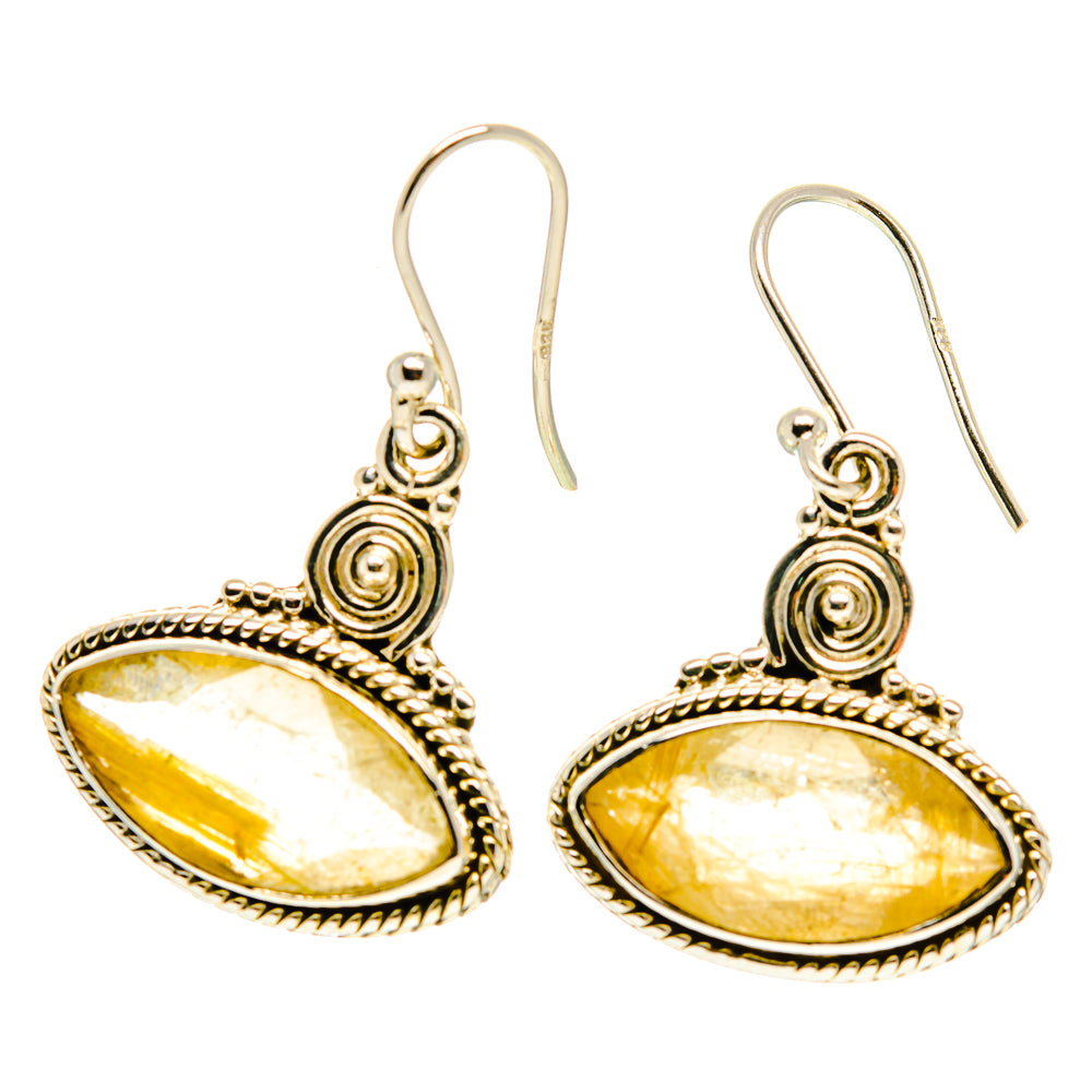 Rutilated quartz teardrop earrings in gold-tone sterling silver, oval cabochon