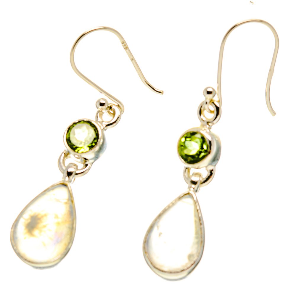 Sterling silver peridot and moonstone drop earrings with green round and white teardrop stones