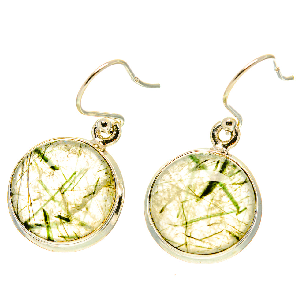 Sterling silver tourmalinated quartz round earrings with green needle inclusions and hook backs