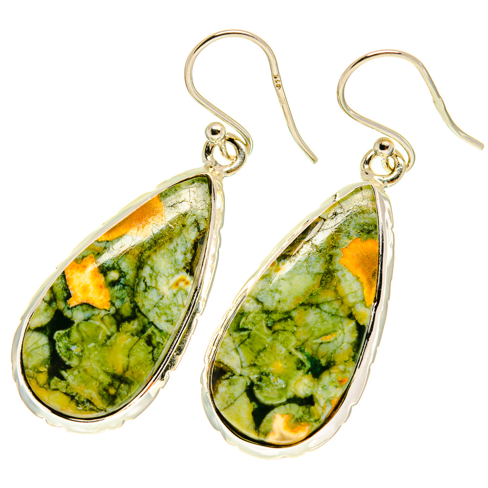 Teardrop opal earrings with green and gold marbled stone on sterling silver hook settings