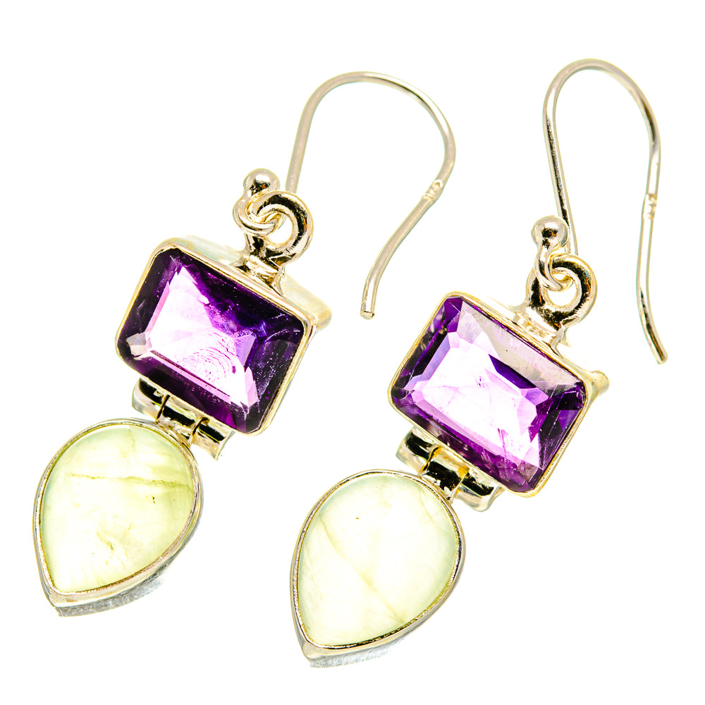 Sterling silver drop earrings with purple amethyst square and yellow-green prehnite teardrop
