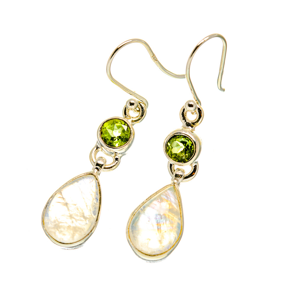 Sterling silver drop earrings with green peridot centers and moonstone teardrop drops