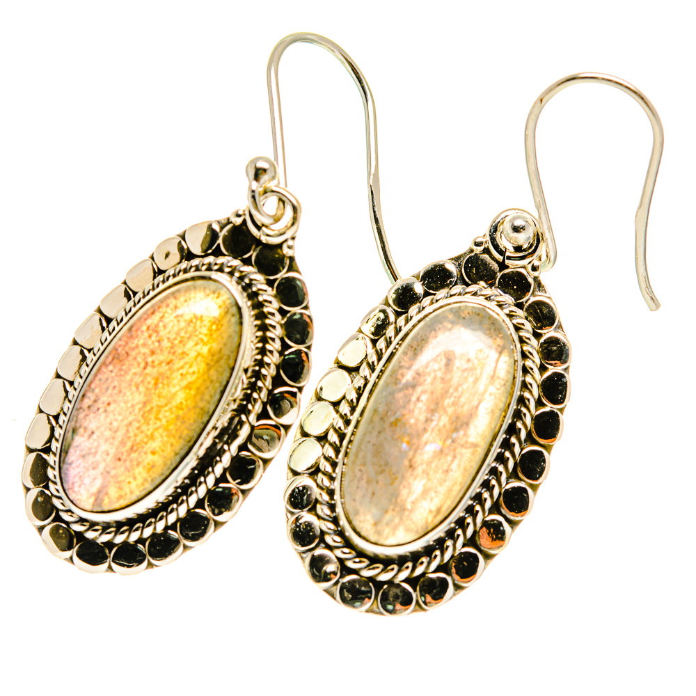 Pair of oval labradorite earrings, sterling silver-tone oval bezel with textured border