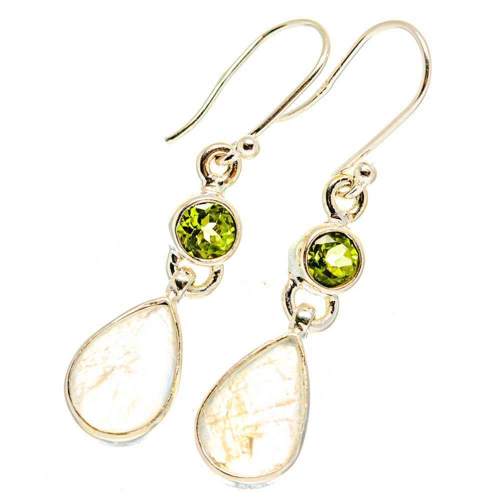 925 sterling silver drop earrings with peridot green round accents and teardrop moonstones