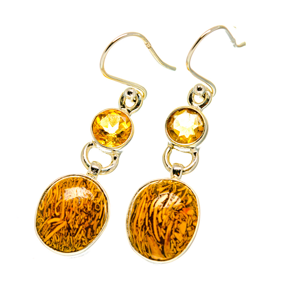 Yellow citrine and oval palm jasper drop earrings with silver hooks, swirled pattern