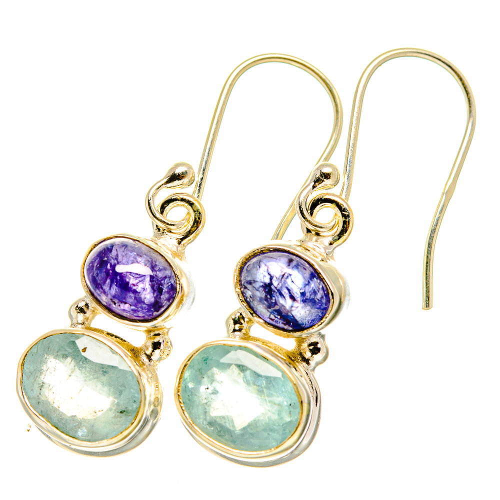 Gold-tone oval gemstone drop earrings with purple and aqua stones on lever hooks