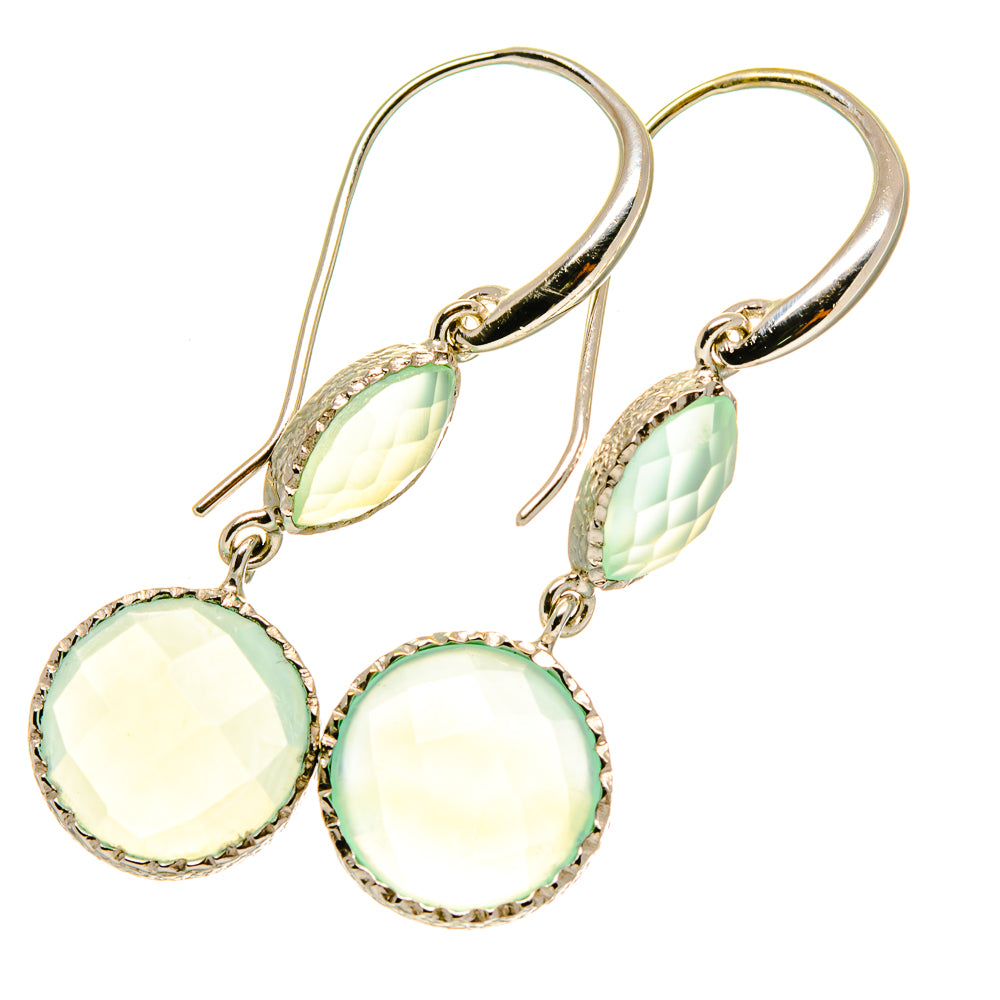 Aqua chalcedony earrings with teardrop dangles and round stones, sterling silver hooks