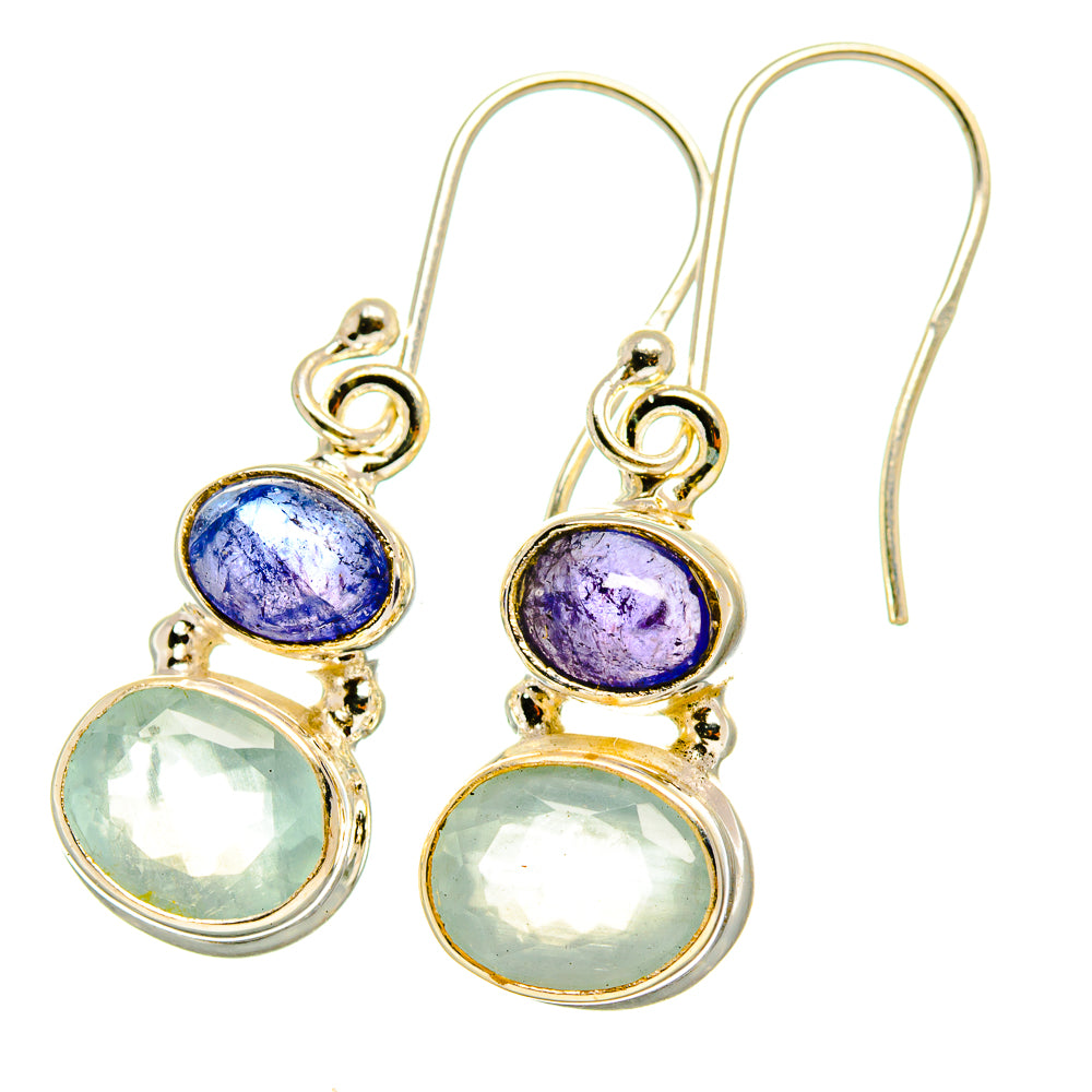 Gold-tone drop earrings with blue-purple oval and light green round gemstones