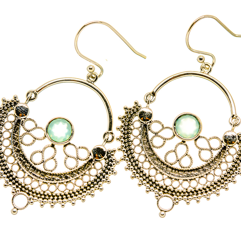 Aqua chalcedony hoop earrings with green center stones, filigree posts and beaded drops