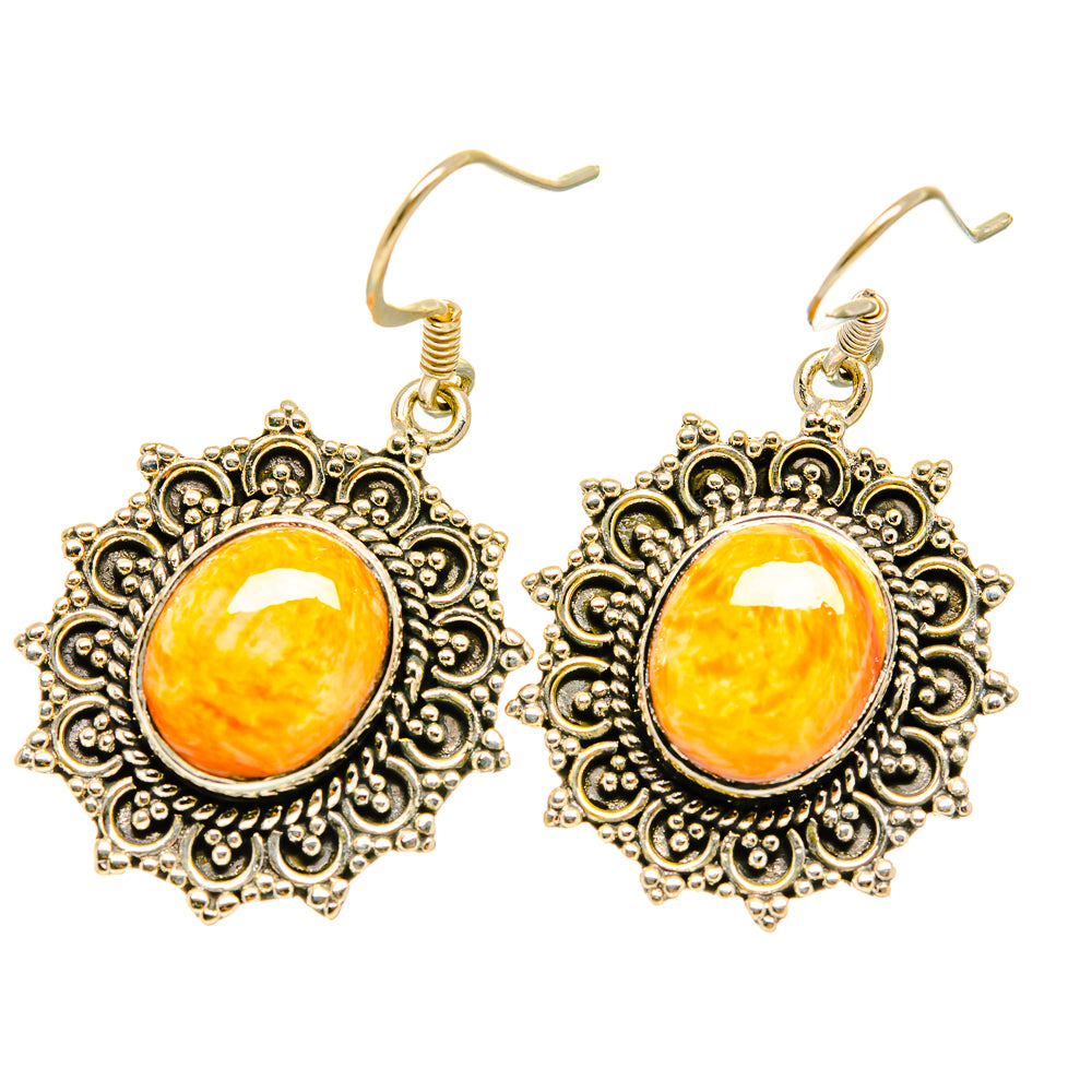 Pair of filigree earrings with orange agate cabochon and gold-tone hooks