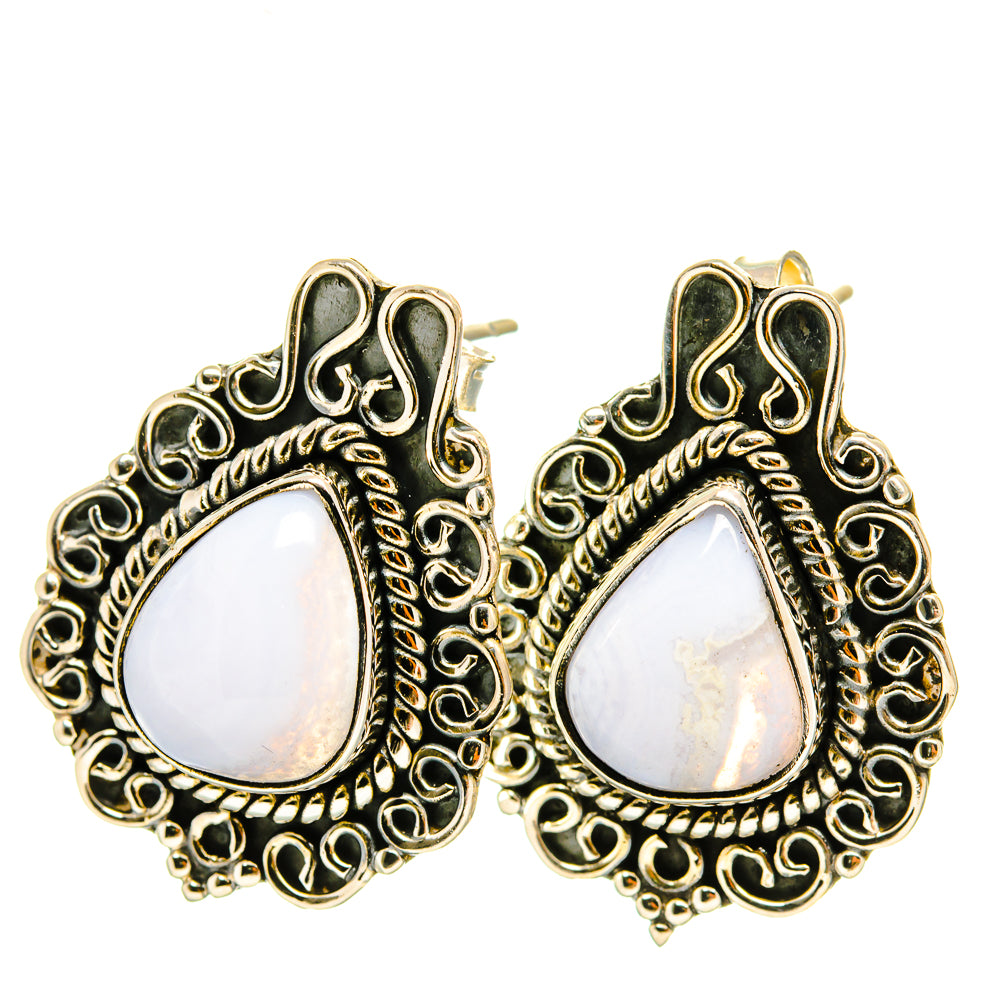 Gold-tone teardrop 925 sterling earrings with blue lace agate cabochons and filigree