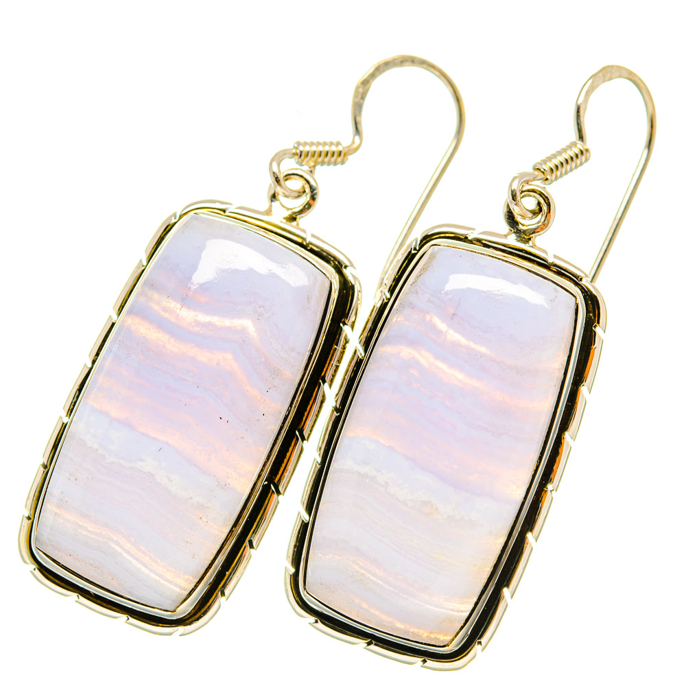 Sterling silver lace agate rectangle drop earrings, blue banding, fishhook backs