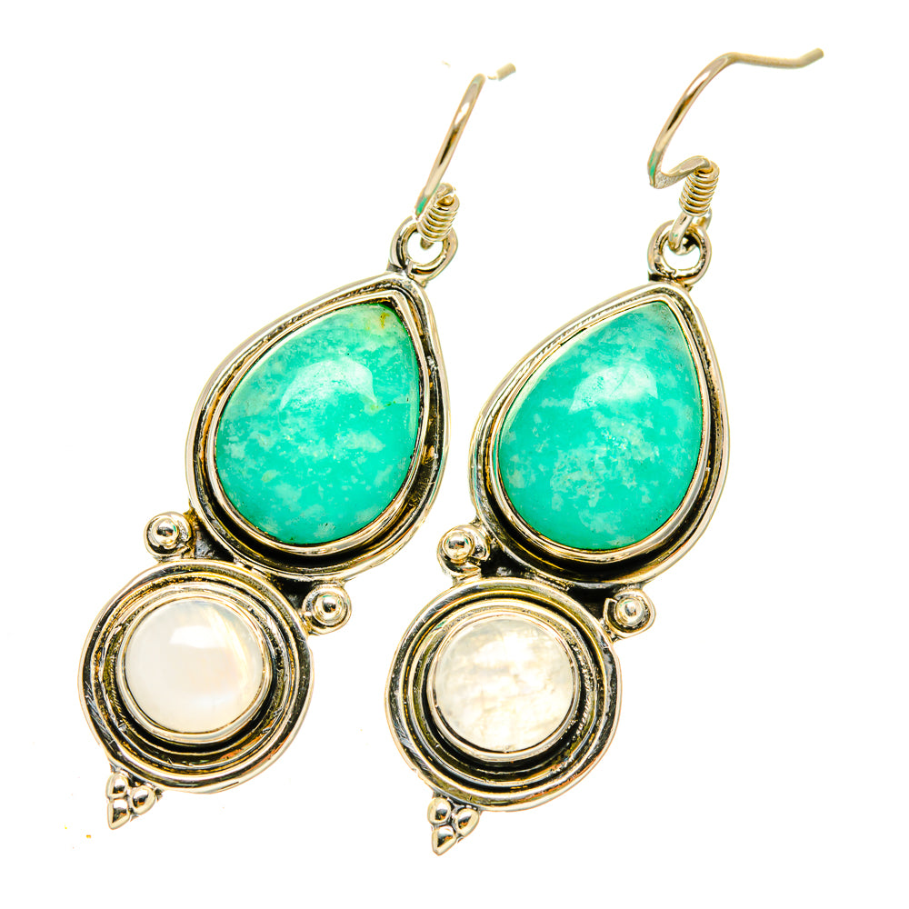 Teardrop earrings with turquoise stones and white moonstone accents, 925 silver hooks
