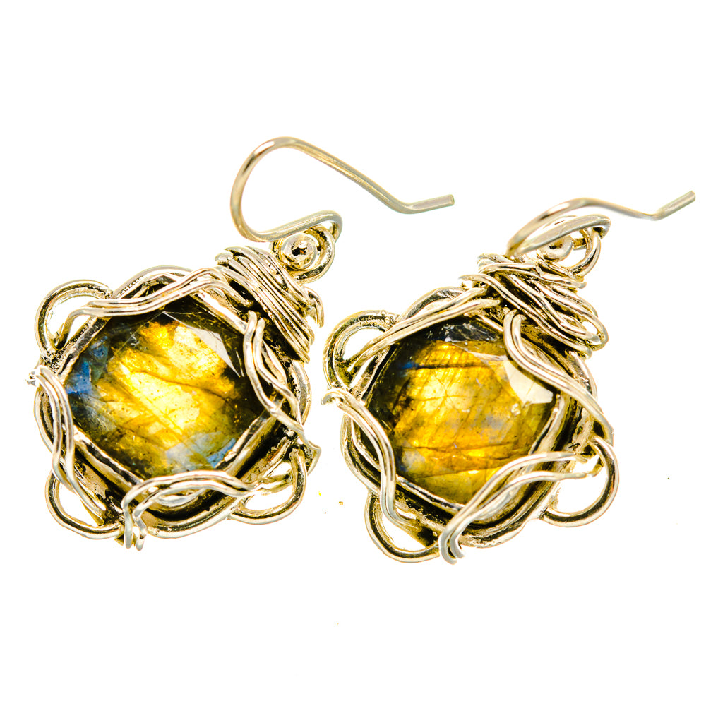 Wire-wrapped labradorite earrings, 925 sterling silver, blue-gold flash oval stones