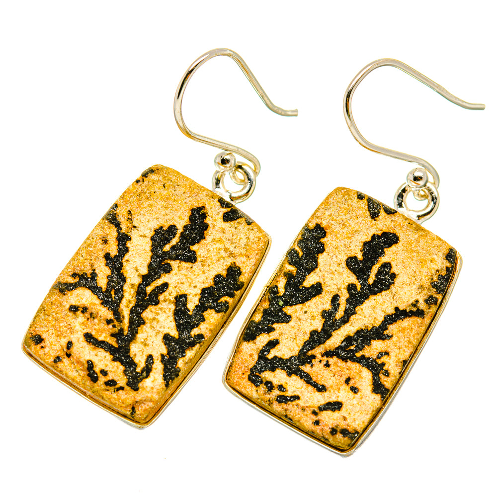 Dendrite stone drop earrings in yellow with black branch pattern, silver hooks