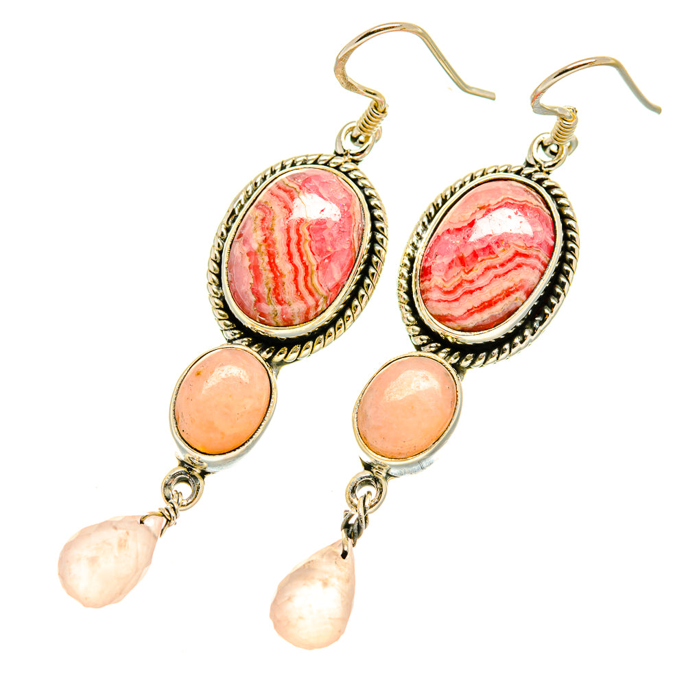 Oval pink and red stone drop earrings with pink opal teardrops and gold-tone hooks