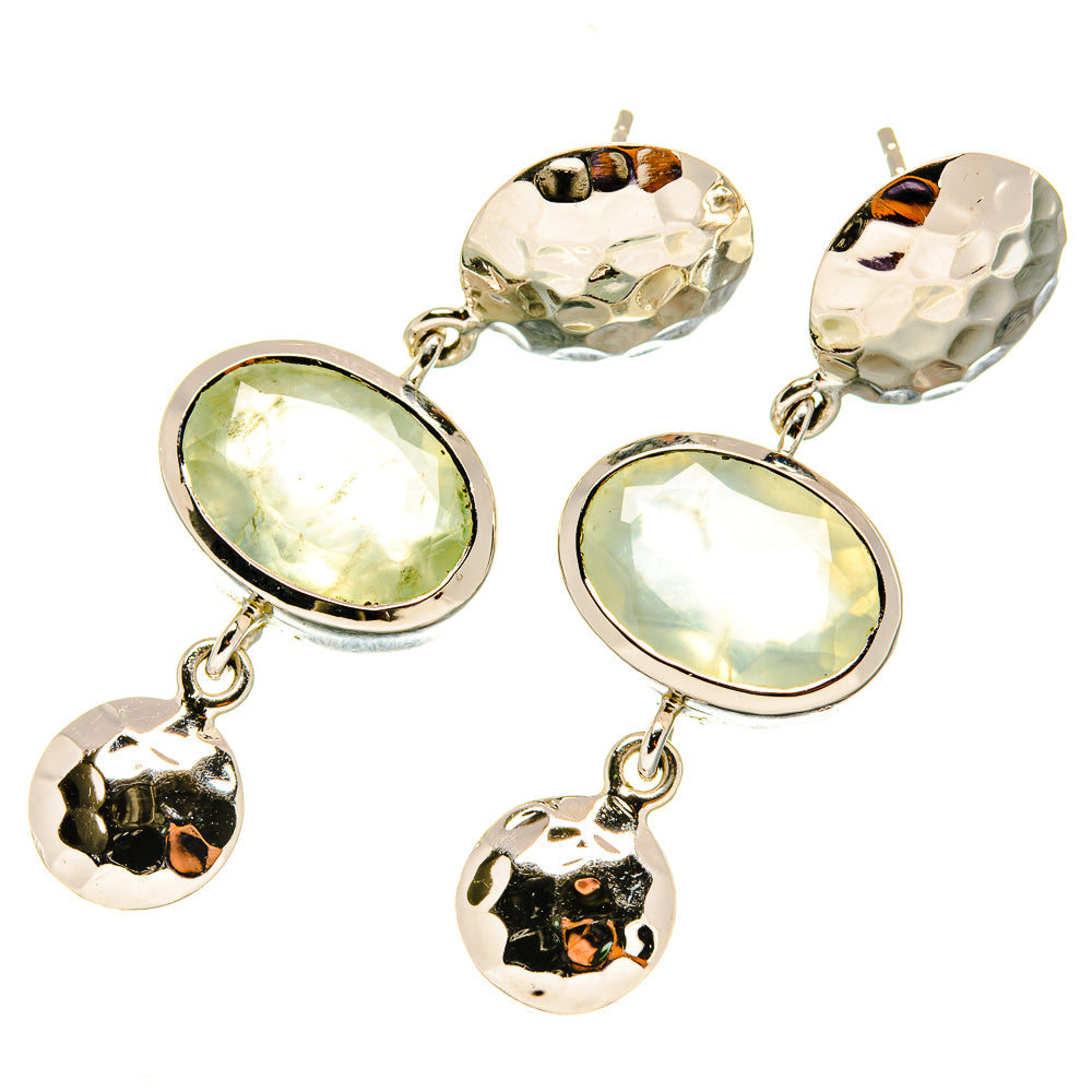 Sterling silver prehnite drop earrings with oval pale green stones and dangling hammered discs