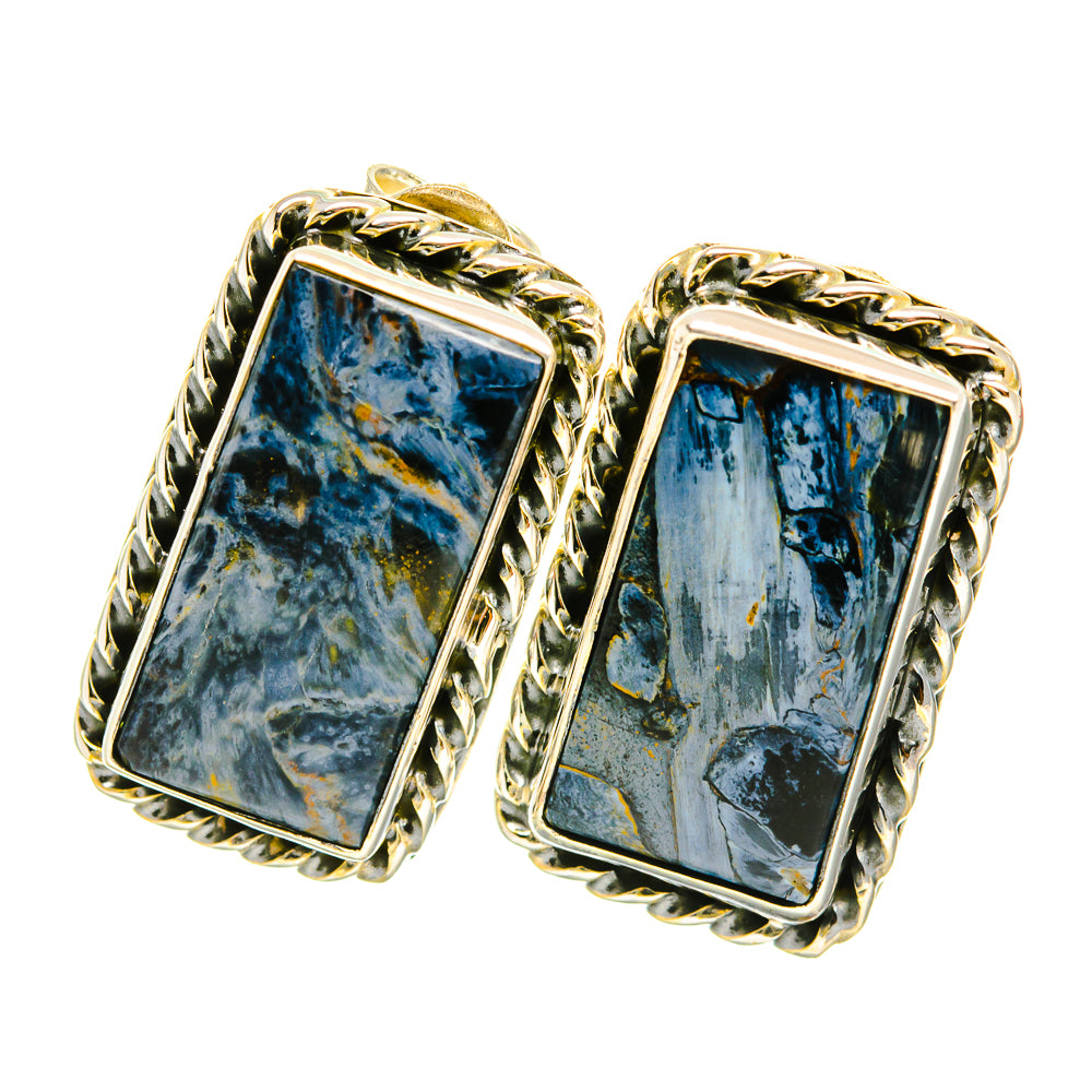 Rectangular pietersite earrings with blue stone and braided gold-tone silver frames