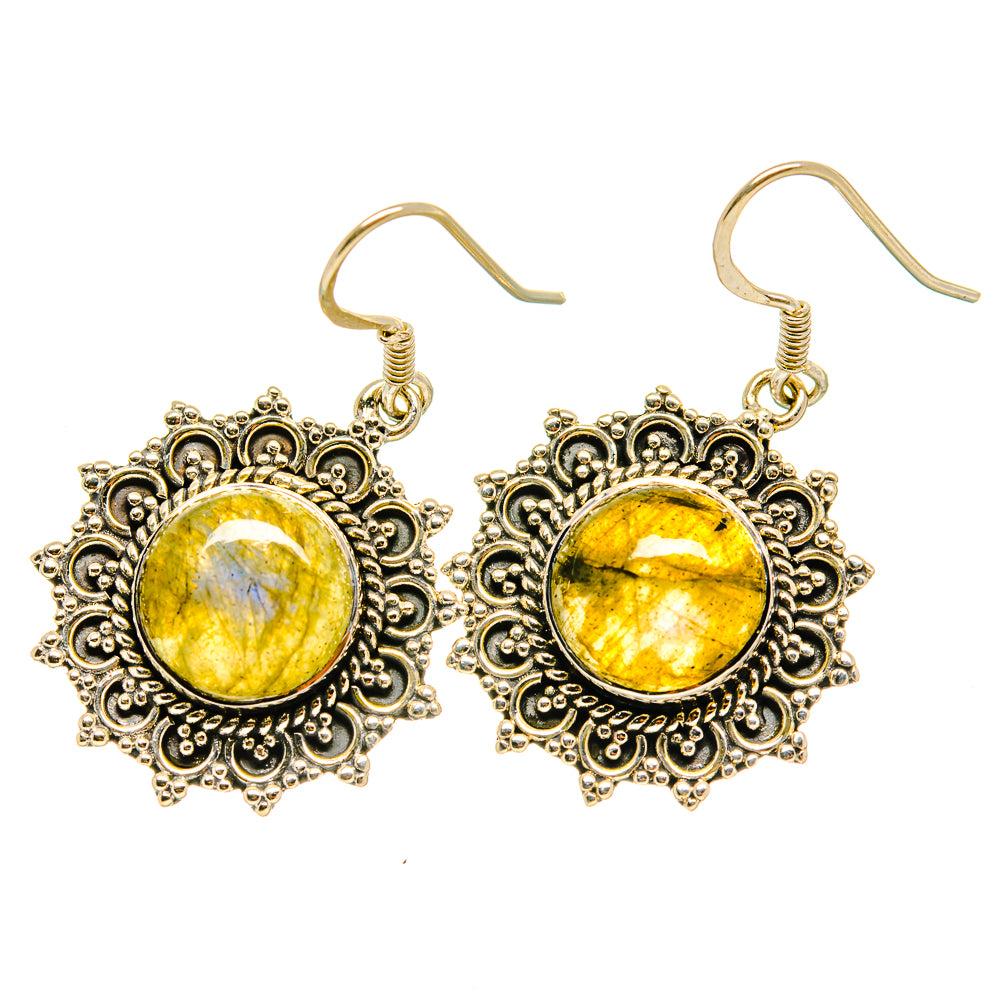 Labradorite earrings with round yellow-gold gemstone in detailed silver filigree setting