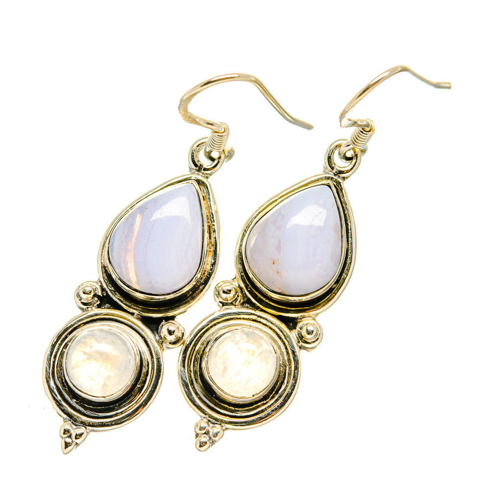 Pair of gold-tone drop earrings with pale blue and white teardrop plus round cabochons